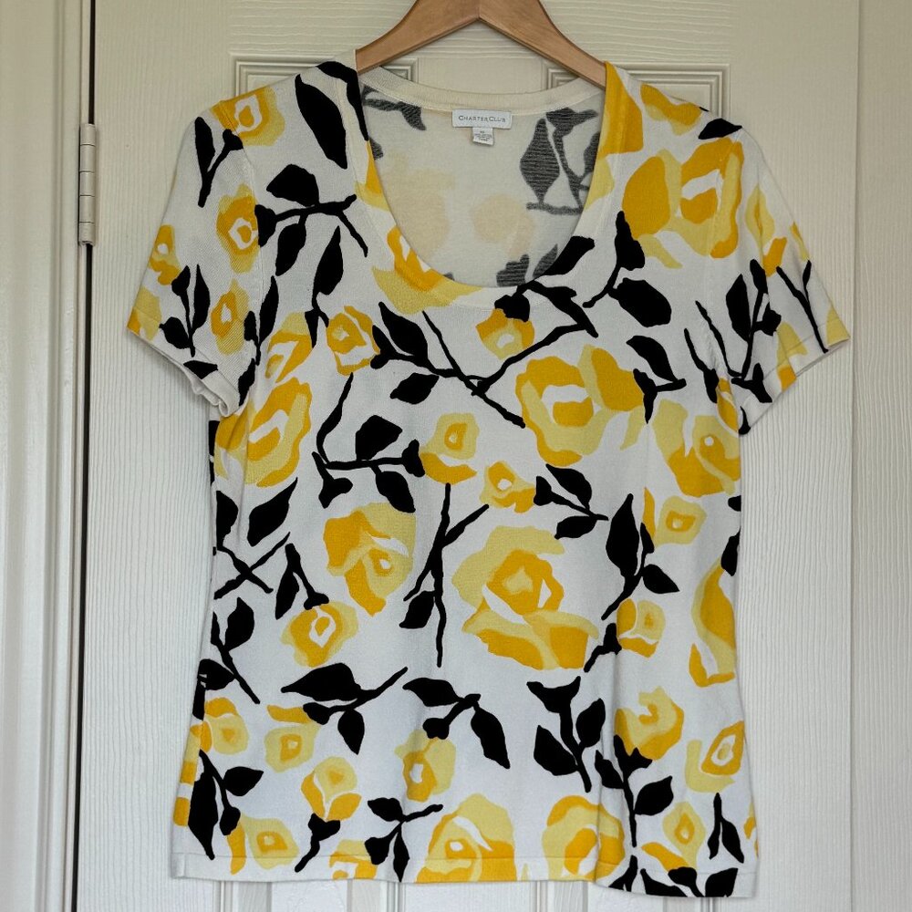 Charter Club Floral Yellow Black & White Knit Short Sleeve Sweater - Size XL